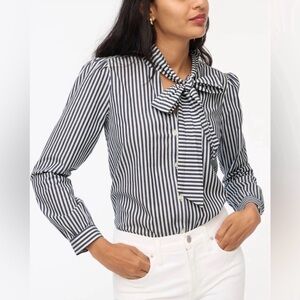 J. Crew Bow Tie-neck Top Cotton Button Down Blouse Blue White Striped XL